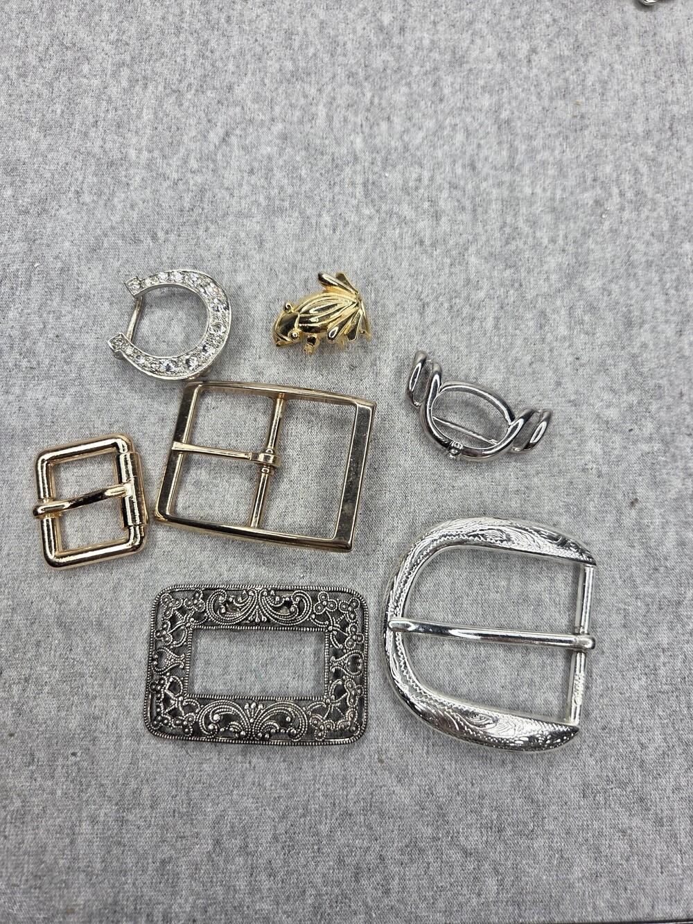 Vintage Lot of 7 Small Belt Buckles Rhinestone Brass Filigree Antique Dress